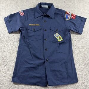 BSA Boy Scouts of America Shirt Youth Large Blue Short Sleeve Patches Made in US